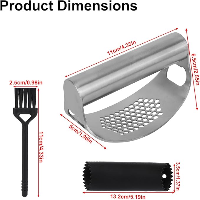 Stainless Steel Hand Garlic Rocker Presser Set, Garlic Press Smasher with Plastic Peeler Roller and Brush Ginger Crusher Mincer Cutter Supplies for Kitchen Dicer Chopper Grater Gadgets
