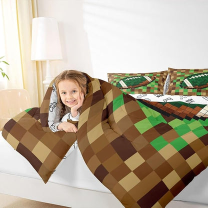 Manfei American Football Kids Comforter Toddler Size,Pixelated Geometric Grid Quilt Set for Kids Boys Girls Bedroom Decor,Gamepad Video Games Bedding Set,Brown Green Duvet Insert,1 Pillowcase