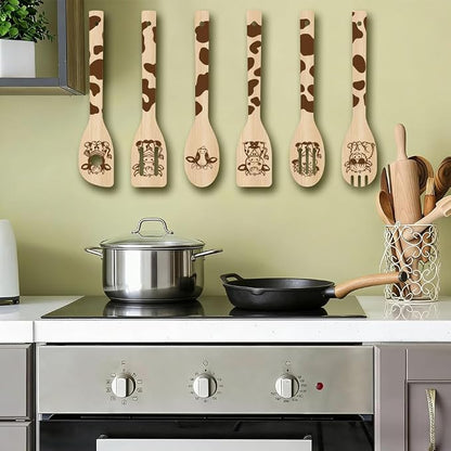 6Pcs 6 Styles Cow Cooking Utensils Set for Kitchen 2.4 x 11.8 Inch Bamboo Durable Utensils, Cute Kitchen Wooden Spoons for Housewarming Wedding Anniversary Thanksgiving Birthday Gift Use
