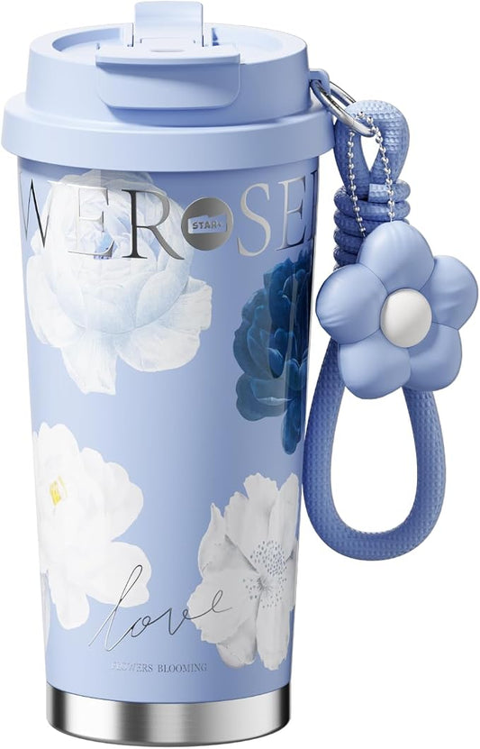 Siidagar 18 oz Coffee Mug, Stainless Steel Insulated Travel Mug with Flip Straw, Double Wall Tumbler Cup with Leak Proof Lid,Reusable Ceramic Water Bottle for Office,Blue