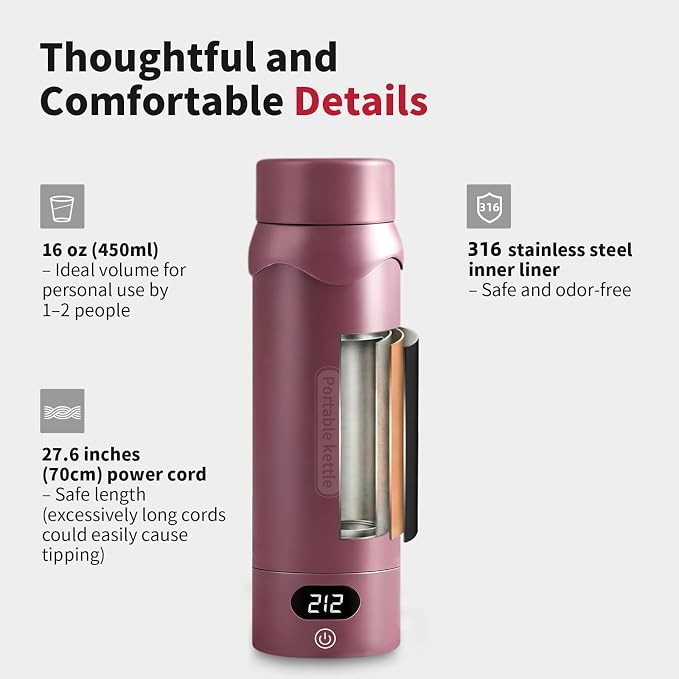 Insulated Stainless Steel Electric Kettle Small, Smart Water Bottle with 4 temperature control, Leak-Proof, Mini Travel Essentials Portable Office Gifts for Tea Lovers, Black Cherry