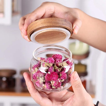Tzerotone 8 Pcs Spice Containers - 8.5oz Glass Spice Jars With Acacia Airtight Lid and Labels - Stackable Empty Round Spice Bottles for kitchen Seasoning, coffee bean, tea, suger, herbs