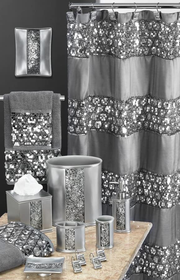 Zahari Home Sinatra Bathroom Shower Curtain Glamorous Bling Fabric Shower Curtain, 72"x70", Silver