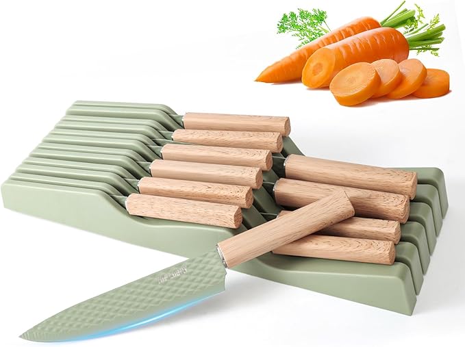 12-Piece Modern Green Knife Block Set with Drawer Organizer, Stainless Steel Knife Set, 6 Steak Knives, Non-Stick Coated Blades