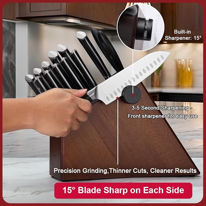 Knife Set,15-Piece Kitchen Knife Set with Block and Sharpener,50Cr15Mov High Carbon Stainless Steel,Razor Sharp Professional Knives,Ultra-Smooth knife,Ergonomic Black Anti-slip Handles,Dishwasher Safe