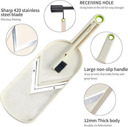 Multi Handheld Mandoline Slicer - Stainless Steel V Blade, with Cleaning Brush, Comfort Grip, Easy to Clean, for Kitchen, Vegetable Chopper, Fruit, Cheese Grater, Potato Chips Slicer (White)