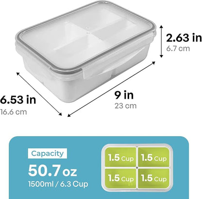 carrotez Food Storage Container with 4 Removable Compartments, Food Prep Container with Airtight Lids, Portion Control Container, Reusable, BPA Free, 6.3 Cup (1500ml)