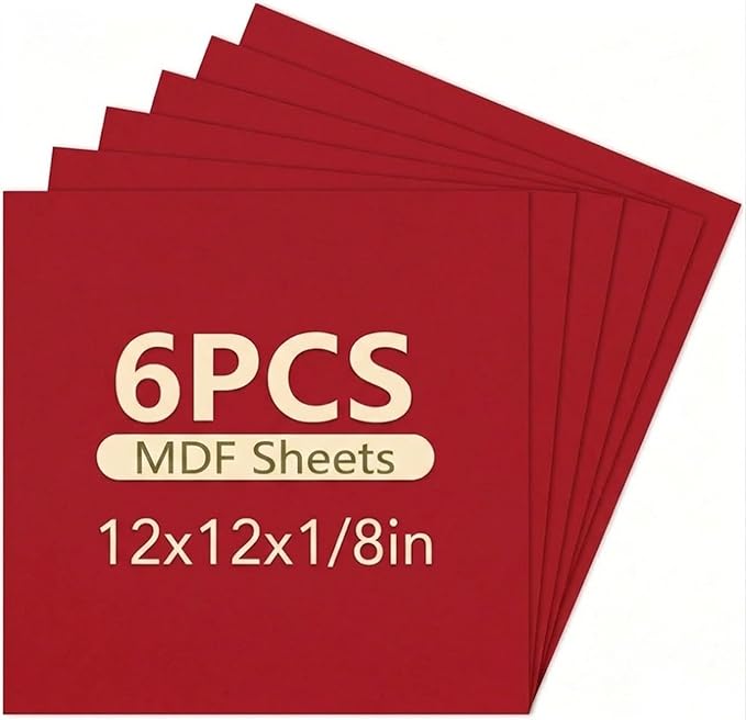 6 Pack Colored MDF Boards for Laser Engraving, 12x12x1/8 (3mm) Unfinished Fiberboard for Laser Cutting, DIY Craft Projects, Home Decor, Sign Making, Woodworking (Red)