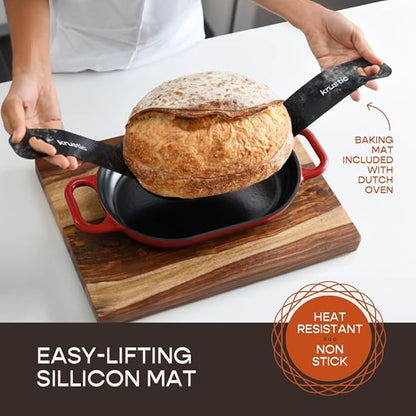 Krustic Enameled Cast Iron Dutch Oven for Professional Sourdough Bread Baking | 5.5 Quart Loaf Size Oval Cookware Pot with Lid | Triple-Layer Enamel Coating Pan with Non Stick Silicone Mat |Red