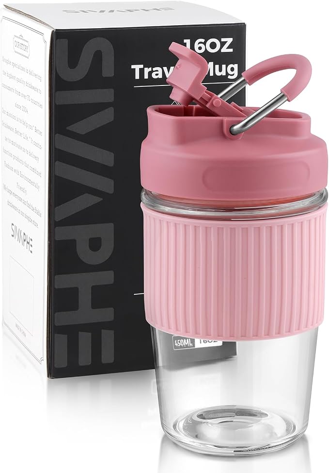 Sivaphe Reusable Glass Ice Hot Coffee Cup 16 oz, Portable Travel Mug with Spill-Proof Lid and Thermal Sleeve for Home Office Pink