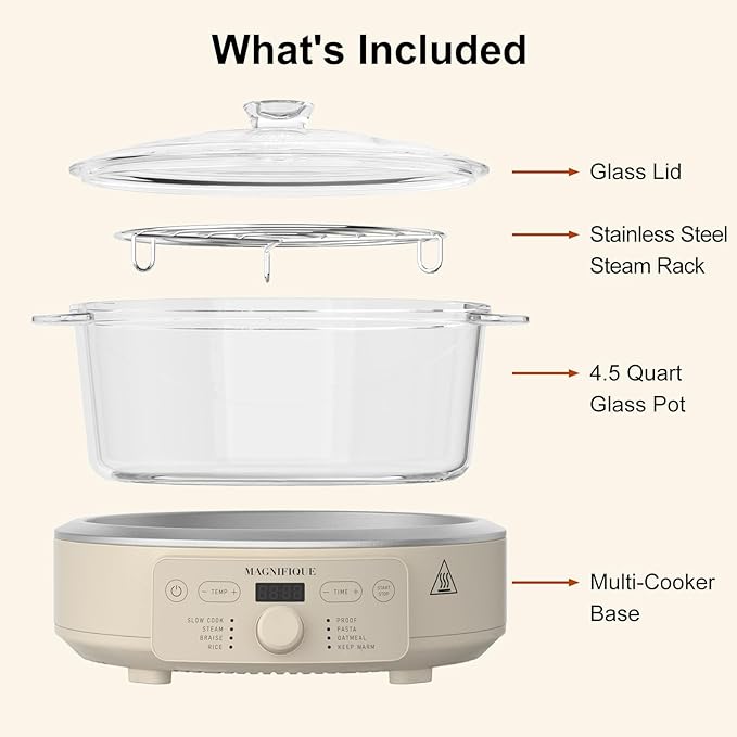 MAGNIFIQUE Slow Cooker, 4.5 Quart 8-in-1 Glass Pot Multi-Cooker, Non-Toxic Slow Cooker with Removable Borosilicate Glass Pot, for Rice, Pasta, Steam & Proof, Oatmeal
