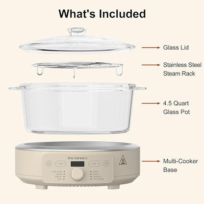 MAGNIFIQUE Slow Cooker, 4.5 Quart 8-in-1 Glass Pot Multi-Cooker, Non-Toxic Slow Cooker with Removable Borosilicate Glass Pot, for Rice, Pasta, Steam & Proof, Oatmeal