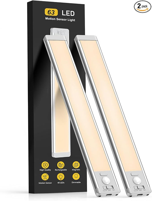 MCGOR 14.7inch Under Cabinet Lighting, 2 Pack Rechargeable Motion Sensor Light Indoor, 5 Levels Dimmable Magnetic Closet Lights, Wireless Under Counter Lights for Kitchen, Stairs,Hallway