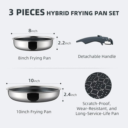 Ciwete Hybrid Non Stick Frying Pans Set 3-Piece, 8 & 10 Inch Tri-Ply Stainless Steel Pans Set with Detachable Handle, PFOA Free Kitchen Skillets for All Cooktops, Dishwasher & Oven-Safe Cooking Pan