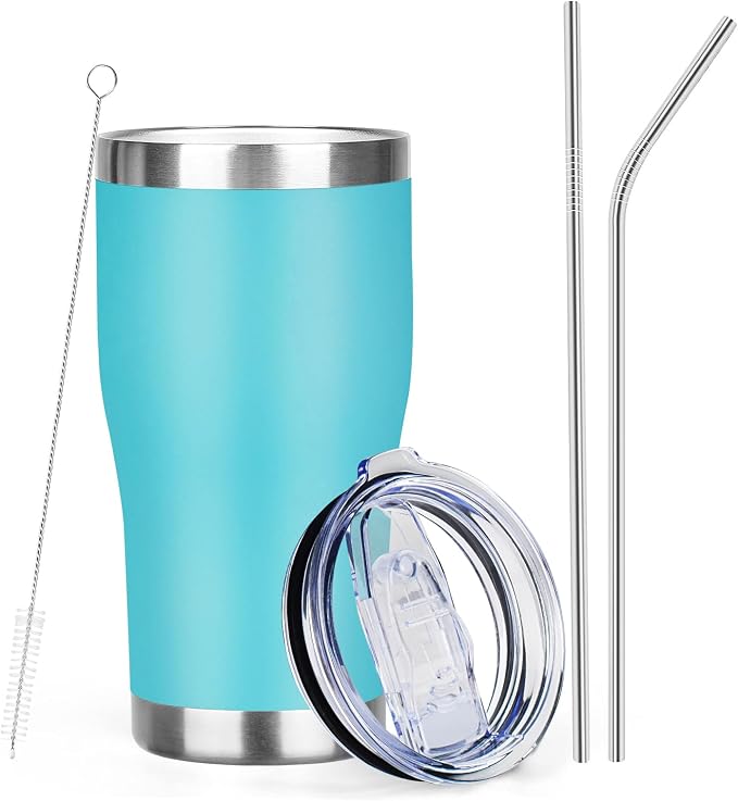 MEZMUT 1 Pack 20oz Insulated Coffee Tumbler with Lid and Straw Double Wall Vacuum Insulated Cup Stainless Steel Travel Mugs Leakproof Powder Coated Tumbler for Indoor Outdoor(Sky Blue)