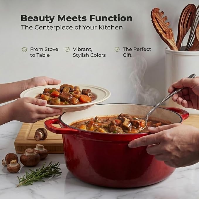 Zulay Kitchen 6.4QT Enameled Cast Iron Dutch Oven Pot with Lid, Heat Pad & Trivet, Heavy-Duty Soup Pot for Stews, Braising, Roasting & Sourdough Bread Baking, Oven Safe up to 500°F - Ablaze Red