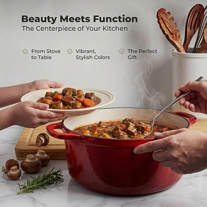 Zulay Kitchen 5 Quart Enameled Cast Iron Dutch Oven Pot with Lid – Premium Durability & Oven Safe up to 500°F – Heavy Duty Cookware Perfect for Bread Baking, Stews, Braising & Roasting – Ablaze Red