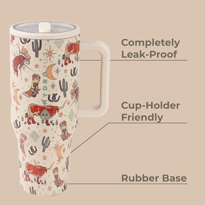 HydroJug Traveler - 40 oz Water Bottle with Handle & Flip Straw - Fits in Cup Holder, Leak Resistant Tumbler-Reusable Insulated Stainless Steel & Rubber Base - Gifts for Women & Men, Rodeo