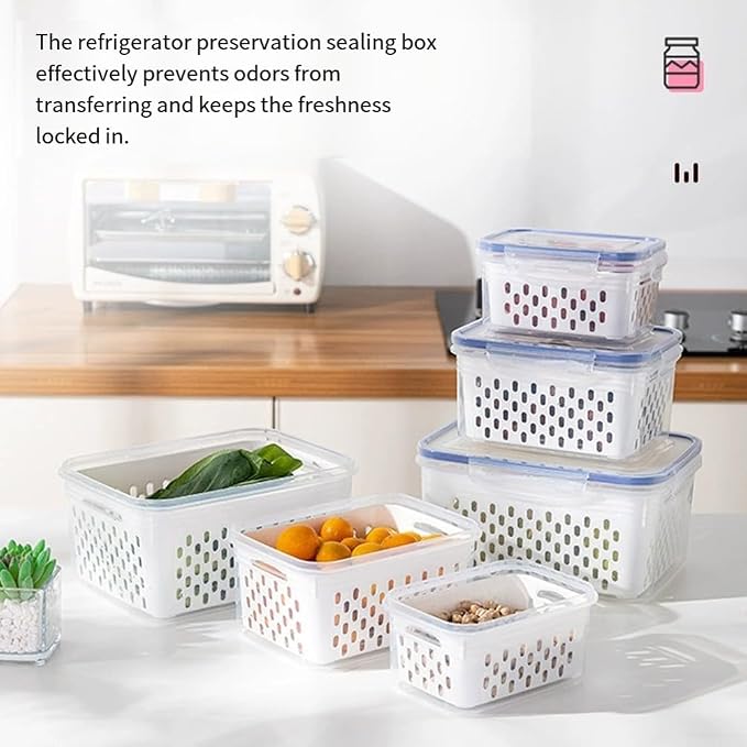 Multi-Functional Kitchen Sealed and Drainable Food Storage Container with Lid, 4 in 1 Produce Keeper with Basket, Freshness Preservation for Refrigerator or Pantry, 18x13x10cm and 22x16x12cm(L)