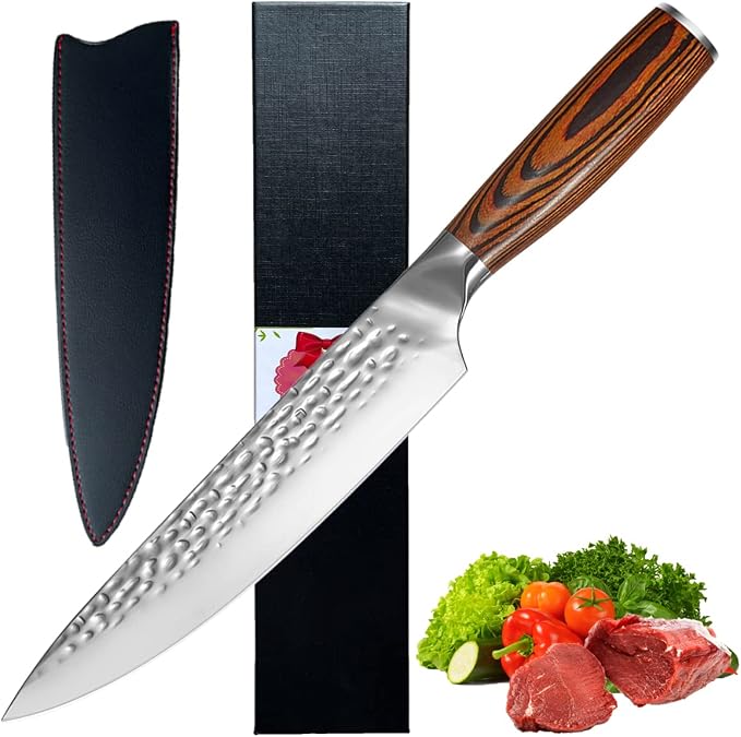 Chef Knife, Super Sharp 7.5 inch Professional Chef's Knife with Pakkawood Handle, VG-5 Stainless Steel, Kitchen Meat Vegetable Knife with Leather Sheath and Gift Box