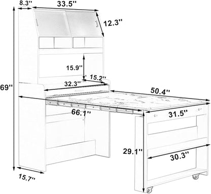 VilroCaz Multifunctional 69" Height Kitchen Pantry with Hutch and Foldable Dining Table, Freestanding Cupboard Cabinet with Storage Shelf and Side Hooks for Small Places (Natural-5.8)