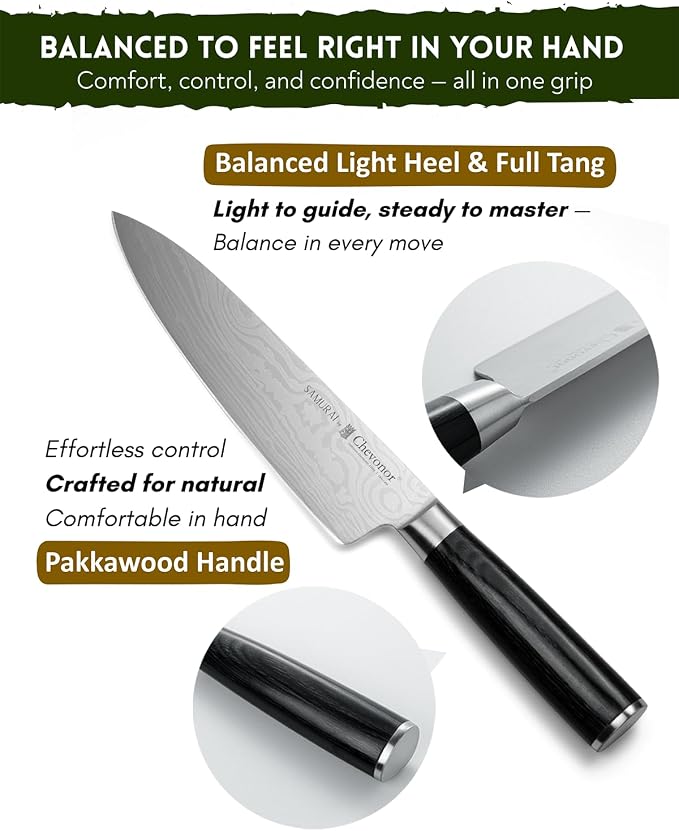 Samurai 8 Inch Gyuto Chef Knife, Ultra Sharp Japanese Style Kitchen Knife with Damascus Pattern - German Stainless Steel (DIN 1.4116), Professional Meat & Vegetable Slicer, Premium Gift Box