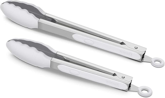 2 Pack Silicone Kitchen Tongs – 9" & 12" Set, Heat Resistant up to 500°F, Non‑Stick Cookware Safe, Wavy Silicone Tips, BPA Free, Locking Clip & Hanging Loop, Light Grey