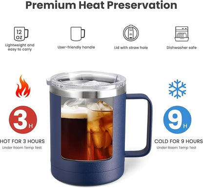 MEWAY 12oz Coffee Mug With Handle 4 Pack Bulk,Stainless Steel Insulated Travel Tumblers With Sliding Lid,Double Wall Vacuum Camping Cup for Hot & Cold Drinks Tea (Navy,Set of 4)