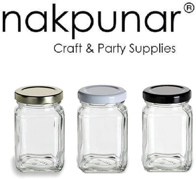 Nakpunar 12 pcs Victorian Square Glass Jars with Black Plastisol Lined Lids (6 fl oz, Black)