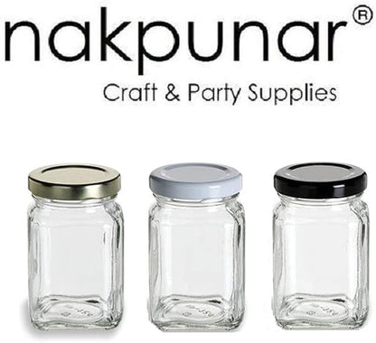 Nakpunar 12 pcs Victorian Square Glass Jars with Black Plastisol Lined Lids (6 fl oz, Black)