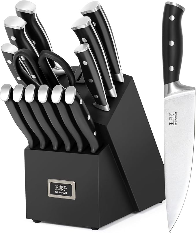 WANGMAZI 15 Pcs Knife Set with Block, Dishwasher Safe Kitchen Knife Set with Built in Sharpener Block, High Carbon Stainless Steel Dishwasher Safe Knives with Ergonomic Handles for Chef, Black Pro