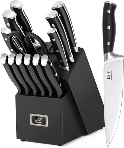 WANGMAZI 15 Pcs Knife Set with Block, Dishwasher Safe Kitchen Knife Set with Built in Sharpener Block, High Carbon Stainless Steel Dishwasher Safe Knives with Ergonomic Handles for Chef, Black Pro