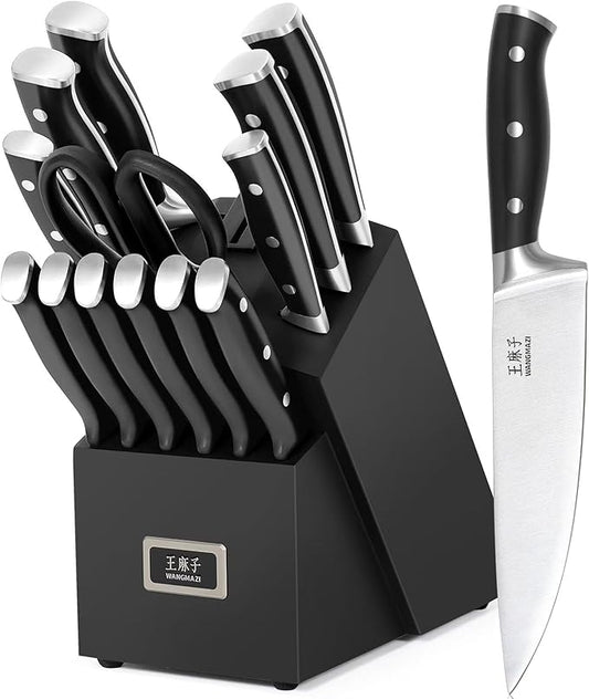 WANGMAZI 15 Pcs Knife Set with Block, Dishwasher Safe Kitchen Knife Set with Built in Sharpener Block, High Carbon Stainless Steel Dishwasher Safe Knives with Ergonomic Handles for Chef, Black Pro