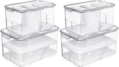 SANNO Fridge Produce Saver Storage Vegetable Fruit Containers Food Produce Saver Container Stackable Refrigerator Organizer Bins Fresh Keeper Drawers Organizer, Set of 4