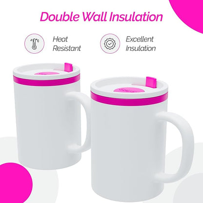 Copco Iconic 16oz Double Wall Insulated Desk Mug with Lid and Handle, Set of 2, BPA-Free Reusable Plastic, Spill-Resistant, Microwave & Dishwasher Safe, Wide Mouth (Pink)