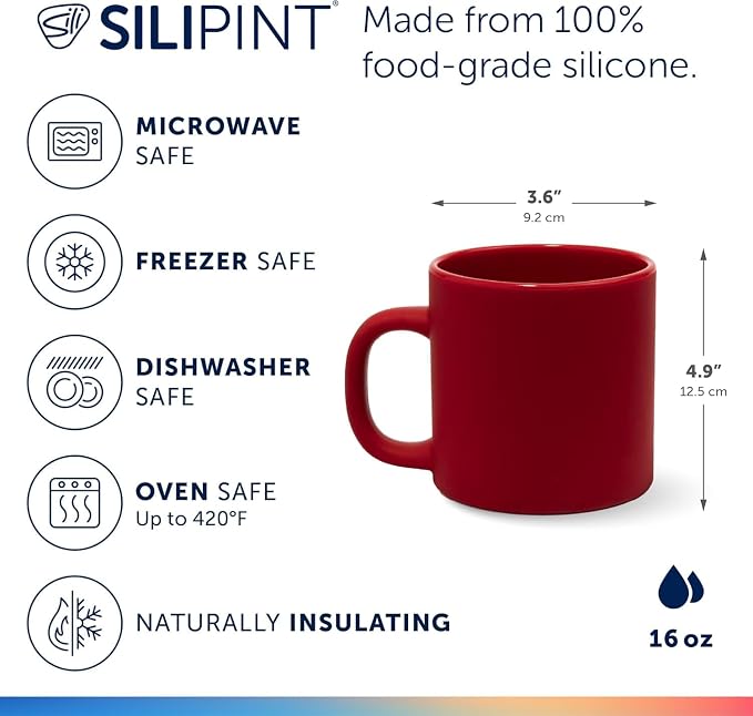 Silipint 16oz Silicone Coffee Mug – Unbreakable Dishwasher Safe Microwave Oven & Freezer Compatible Travel Mug – Non-Toxic Reusable Cup for Hot Coffee Tea or Cold Drinks, Classic Red - Pack of 2