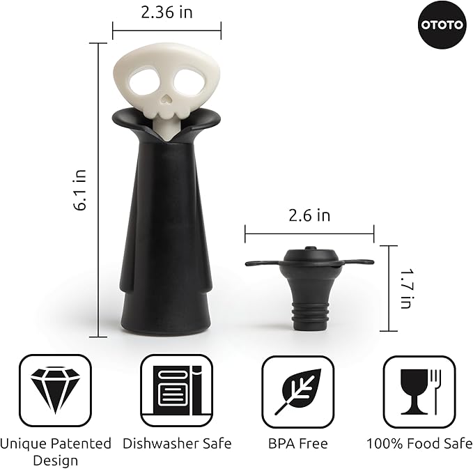 OTOTO Skull Wine Saver Pump and Stoppers - Halloween Gifts, Emo Accessories, Gothic Kitchen, Goth Gifts, Bat, Kitchen Gadgets - (Spookelier)