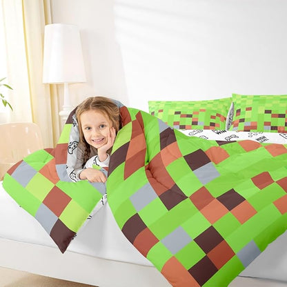 Manfei Pixelated Blocks Bed Comforter Set Queen Size,Gamepad Miners Video Games Super Soft Microfiber Bedding Set for Boys Adults Teens,Geometric Green Camouflage Grid Comforter Set,2 Pillowcases