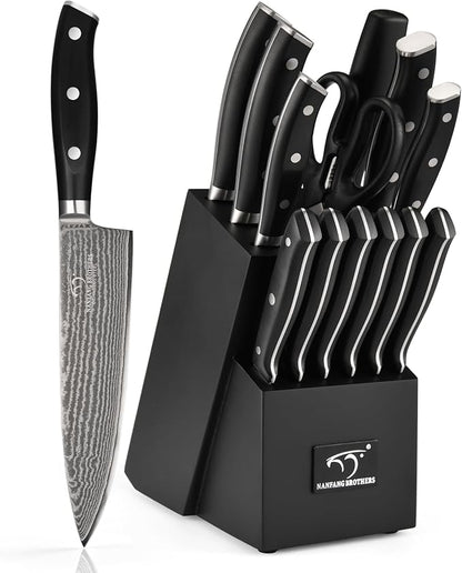 NANFANG BROTHERS Damascus Kitchen Knife Set 14 Pieces with Shears & Sharpener - VG10 Damascus Steel, ABS Ergonomic Handle, Wooden Block Storage Black