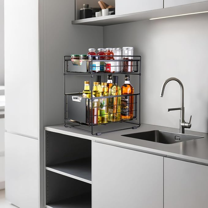 2 Tier Under Sink Organizer,Slide Out Kitchen Cabinet Organizer,Pull Out Pantry Storage with 2 baskets, Office Supplies,Kitchen,Bathroom Organizer with Sliding Drawer,Large Capacity,Multi-Use
