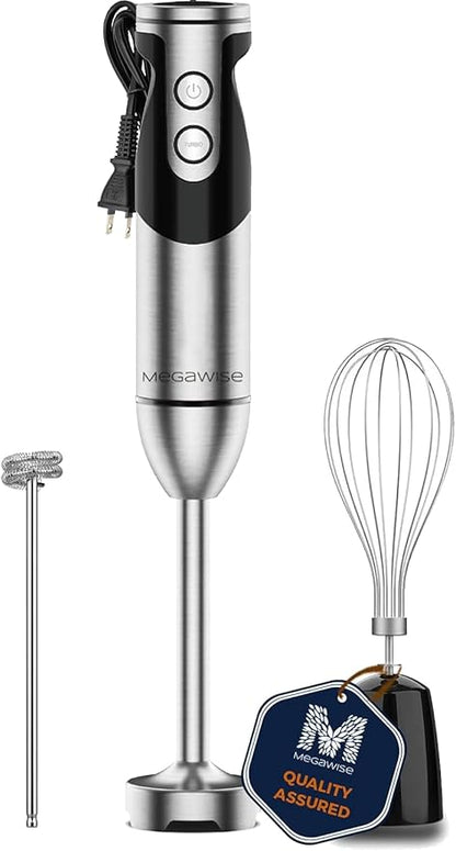 MEGAWISE Immersion Hand Blender, 3-in-1 Stick Blender with 80% Sharper Titanium-Reinforced Blades, Powerful Copper Motor, 12-Speed Turbo, Dishwasher-Safe Whisk and Milk Frother