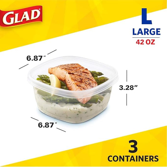 Glad GladWare Tall Entree Food Storage Containers with Snap Lids, Large Square BPA Free Plastic for Meal Prep, 42 Oz, Microwave Dishwasher Safe, 3 Count, 2 Pack Multi-Pack