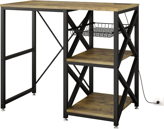 METYERRY Kitchen Bakers Rack with Power Outlet,Mini Fridge Cabinet with Mesh Basket, Mini Fridge and Microwave Table with Storage for Office,Kitchen,Living Room,Coffee Bar,Patio,Brown