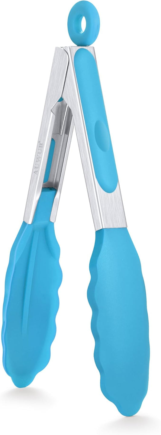 7 Inch Small Silicone Salad Cooking Tongs, Food Serving Tongs with Heat Resistant Non-Slip Grip, Blue Color Kitchen Utensils for Salad Charcuterie Board