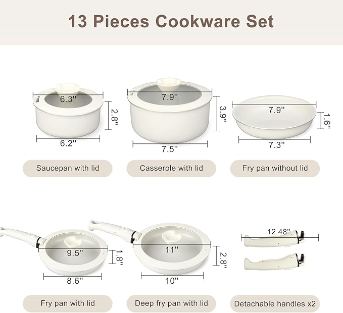 13 Pcs Pots and Pans Set, Nonstick Cookware Set with Lids and Detachable Handle, PFAS & PFOA Free, Non-Toxic Healthy Kitchen Cooking Set