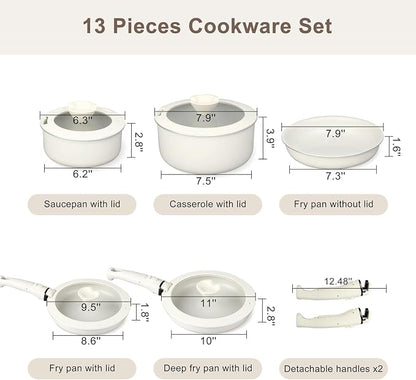 13 Pcs Pots and Pans Set, Nonstick Cookware Set with Lids and Detachable Handle, PFAS & PFOA Free, Non-Toxic Healthy Kitchen Cooking Set