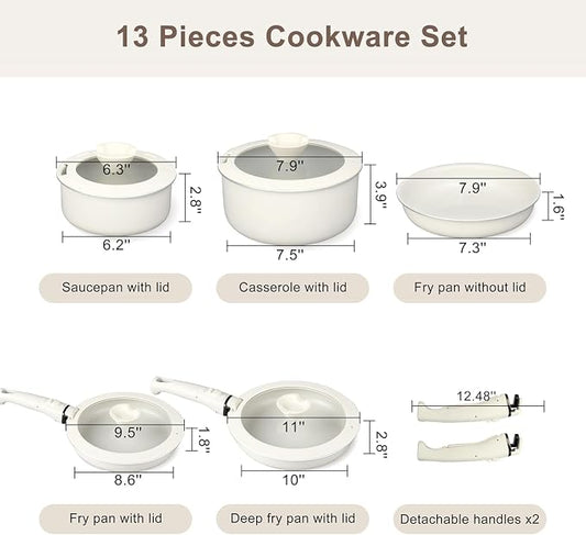 13 Pcs Pots and Pans Set, Nonstick Cookware Set with Lids and Detachable Handle, PFAS & PFOA Free, Non-Toxic Healthy Kitchen Cooking Set