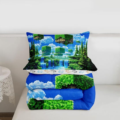 Manfei Pixelated Games Full Size Comforter Set,Pixel Grid Gamepad Bedding Comforters Bedroom Collection,Abstract Geometric Duvet Insert,Army Camo Room Decor 3 Pcs Bedding Set for Girls Teens