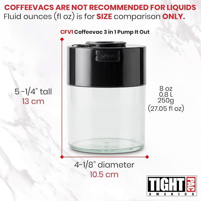 COFFEEVAC Pump It Out Airtight Coffee Container – Vacuum Storage Container for Ground Coffee Beans – Patented Vacuum Seal with Degassing Valve, 1/2 lb, Black/Clear