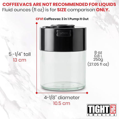 COFFEEVAC Pump It Out Airtight Coffee Container – Vacuum Storage Container for Ground Coffee Beans – Patented Vacuum Seal with Degassing Valve, 1/2 lb, Black/Clear